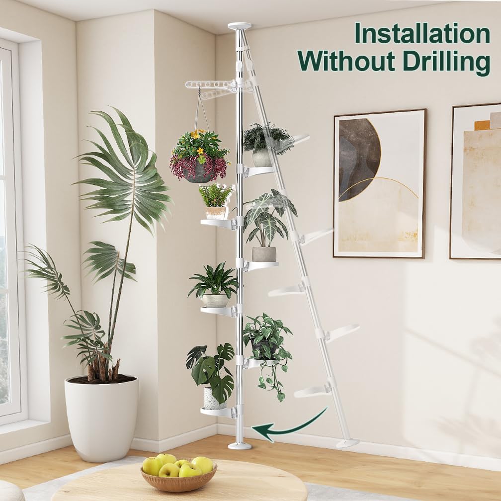 Hershii 7-Layer Tension Pole Plant Stand Indoor Decorative Display Rack Stands for Flower Pots Floor to Ceiling Adjustable Hanging Corner Shelf