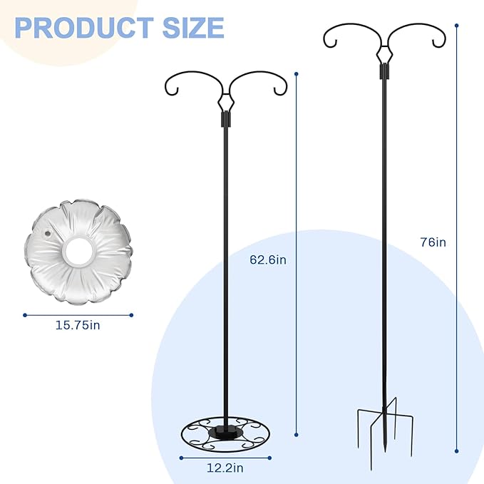 Liitrton 62.6 Inch Shepherds Hooks for Outdoor, Adjustbale Double Shepherds Hooks Hummingbird Feeder Stand Bird Feeder Pole Wind Chime Stand with Round Base, 4 Prongs Base and Water Weight Bag