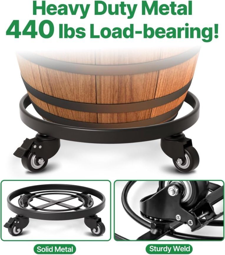 AMAGABELI GARDEN & HOME 16" Metal Plant Caddy Heavy Duty Iron Potted Plant Stand with Wheels Round Flower Pot Rack on Roller Dolly Holder Mover Indoor Outdoor Planter Trolley Casters Brakes BG1721