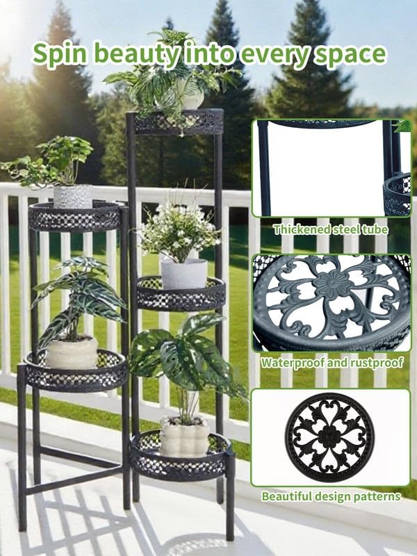 Plant Stand Indoor Outdoor, 5 Tier Corner Metal Flower Display Holder Shelf, Folding Tall Rack for Patio Balcony Porch Garden Living Room House, Heavy Duty Wrought Iron Plant Shelf- BlackWave