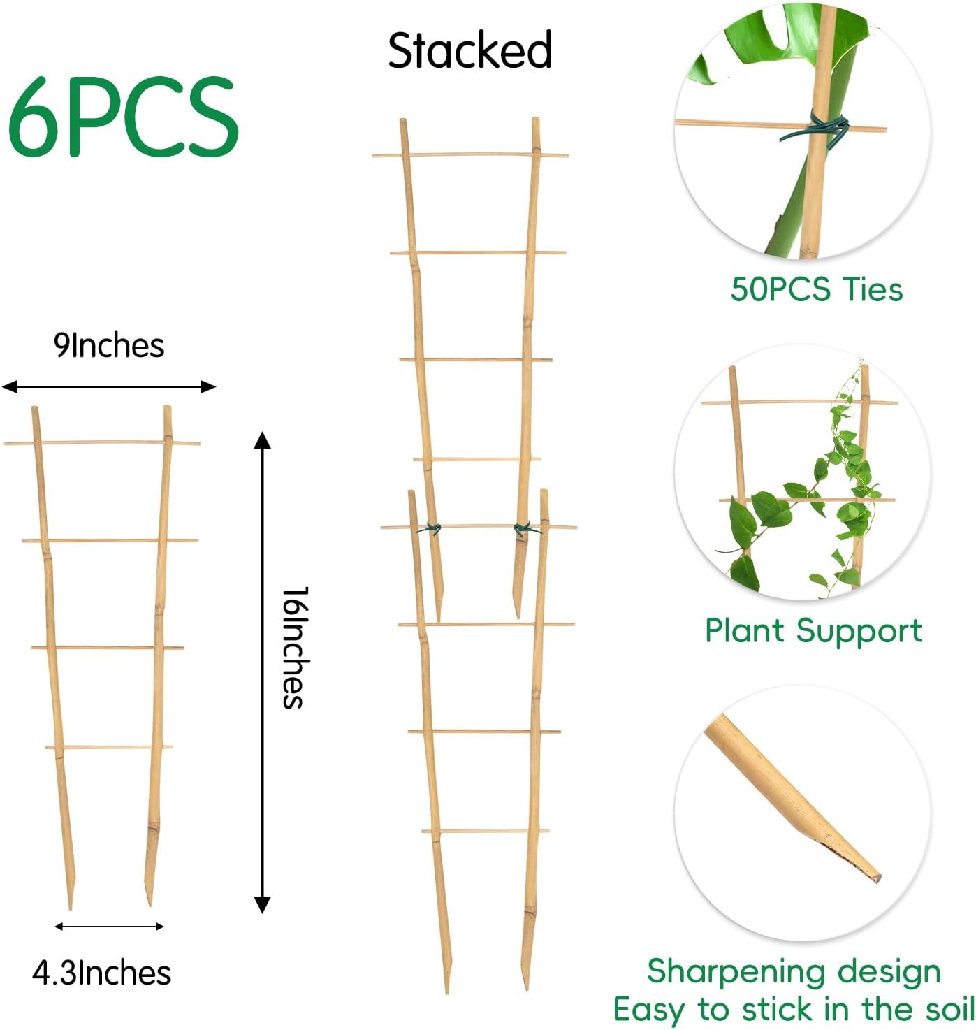 Bamboo Trellis 16" Ladder Vertical Gardening Plant Trellis for Climbing Plants Orchid Monstera and Indoor Potted Plants-6 Pack