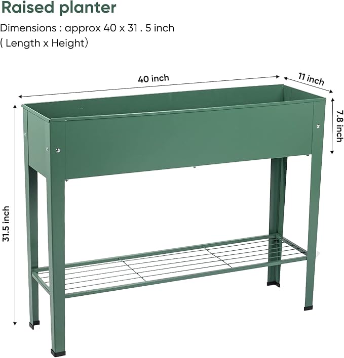 Raised Garden Bed, Elevated Planter Green Metal Plant Box with Legs Standing Garden Stand Drainage Holes Green (Green 40" L x 11" W x 31" H)