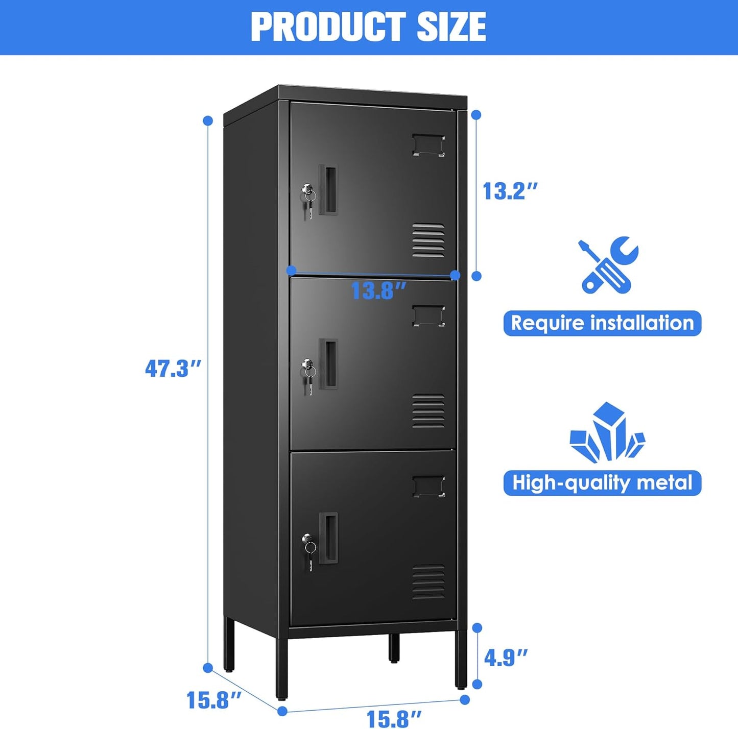 Metal Locker with Ventilation Holes, Metal Storage Cabinet with Lock and Card Slot for Home,School, Office, Garage,47.3" H x 15.8" W x 15.8" D,Assembly Required,Black