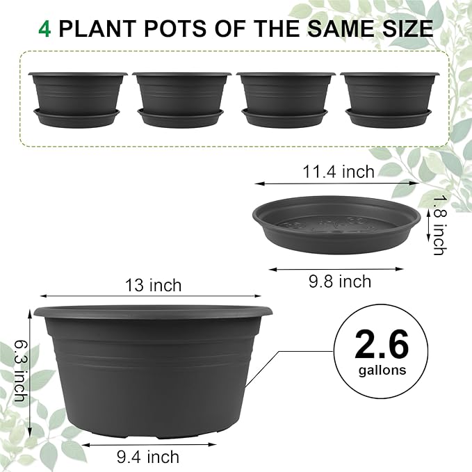 Large Flower Pots Set of 4 Pack 13 inch, Plant Pots Large Outdoor Planters with Drainage Hole & Tray Saucer, Decoration Plastic Pots for Plants for Indoor Outdoor Garden Home Plants Planter (Grey)