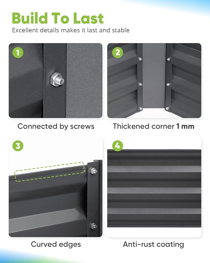 Quictent Galvanized Raised Garden Bed 4x3x1 Ft Metal Planter Box for Vegetables Bottomless for Backyard, Include 1 Tomato Cage, Dark Grey