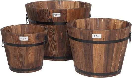 VINGLI 3 PCS Large Wooden Planter Barrel Set, 11.5"(Dia)- 18"(Dia) Real Wood Indoor/Outdoor Flower Pot w/Drainage Holes, Different Sizes, Large Garden Container Box