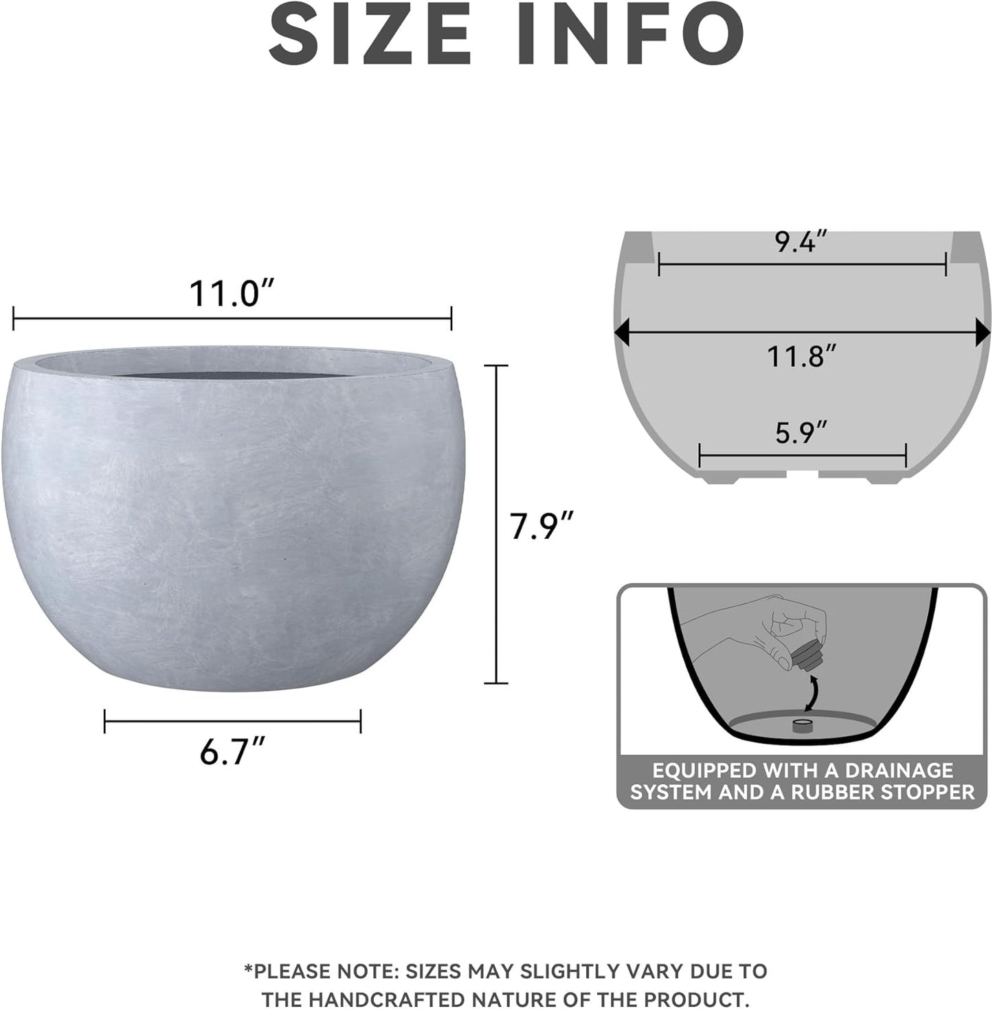 Kante 11.8" Dia Round Concrete Planter, Outdoor/Indoor Large Bowl Plant Pots with Drainage Hole and Rubber Plug for Garden Patio Balcony Home, Gray