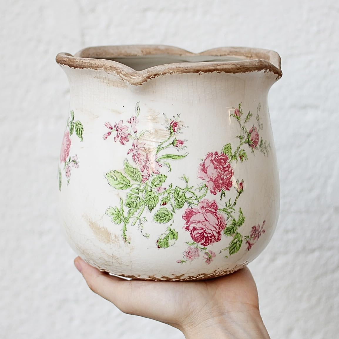 Ceramic Pots for Plants, Vintage Plant Pot with Drainage Hole, 6.11in. Planter for Indoor Plants, Crackle Glaze Finish Flower Pot, Perfect Tuscan Ceramic Planter for Gardening, Rose Floral