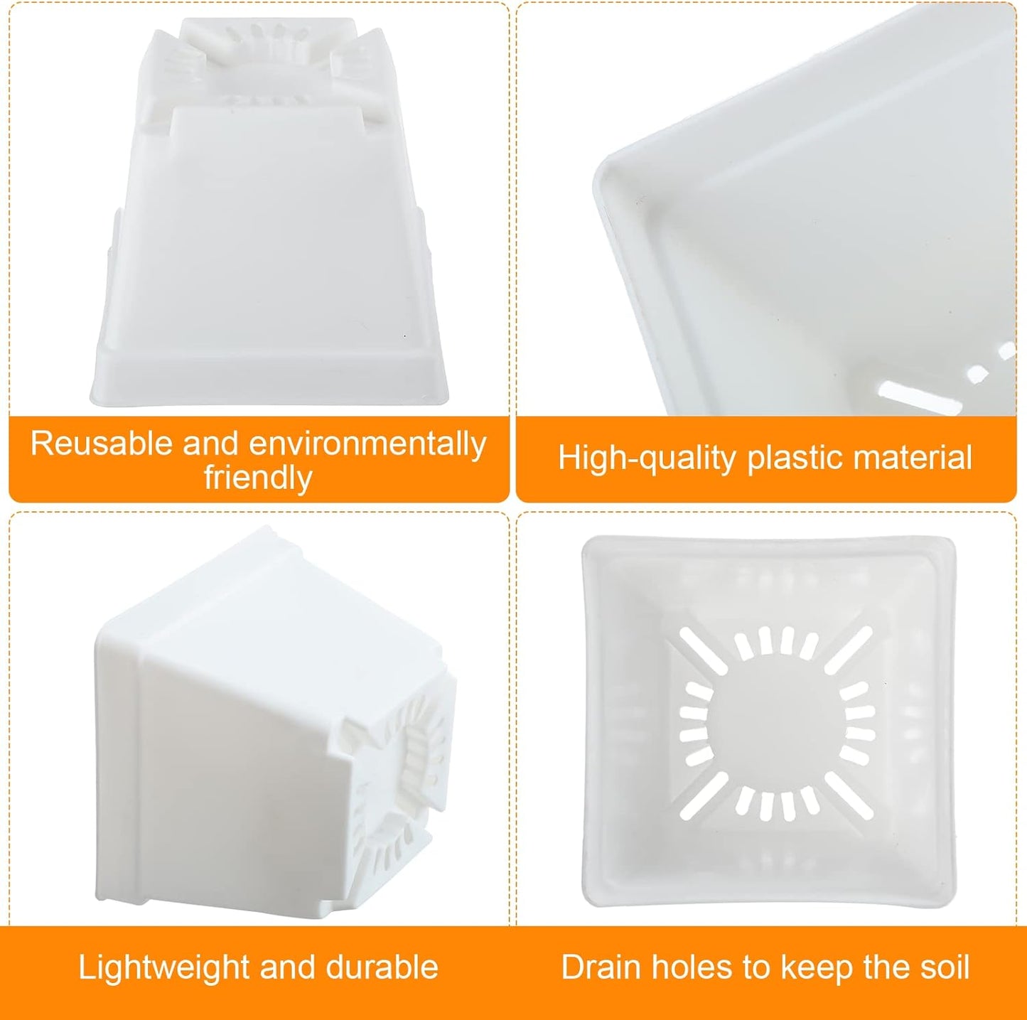 100 Pieces 4 Inch Flower Pots Square Plants Nursery Pot Plastic Plant Seedling Pots Nursery Transplanting Planter Container with Saucer for Indoor Herbs Succulents Balcony Garden Office (White)