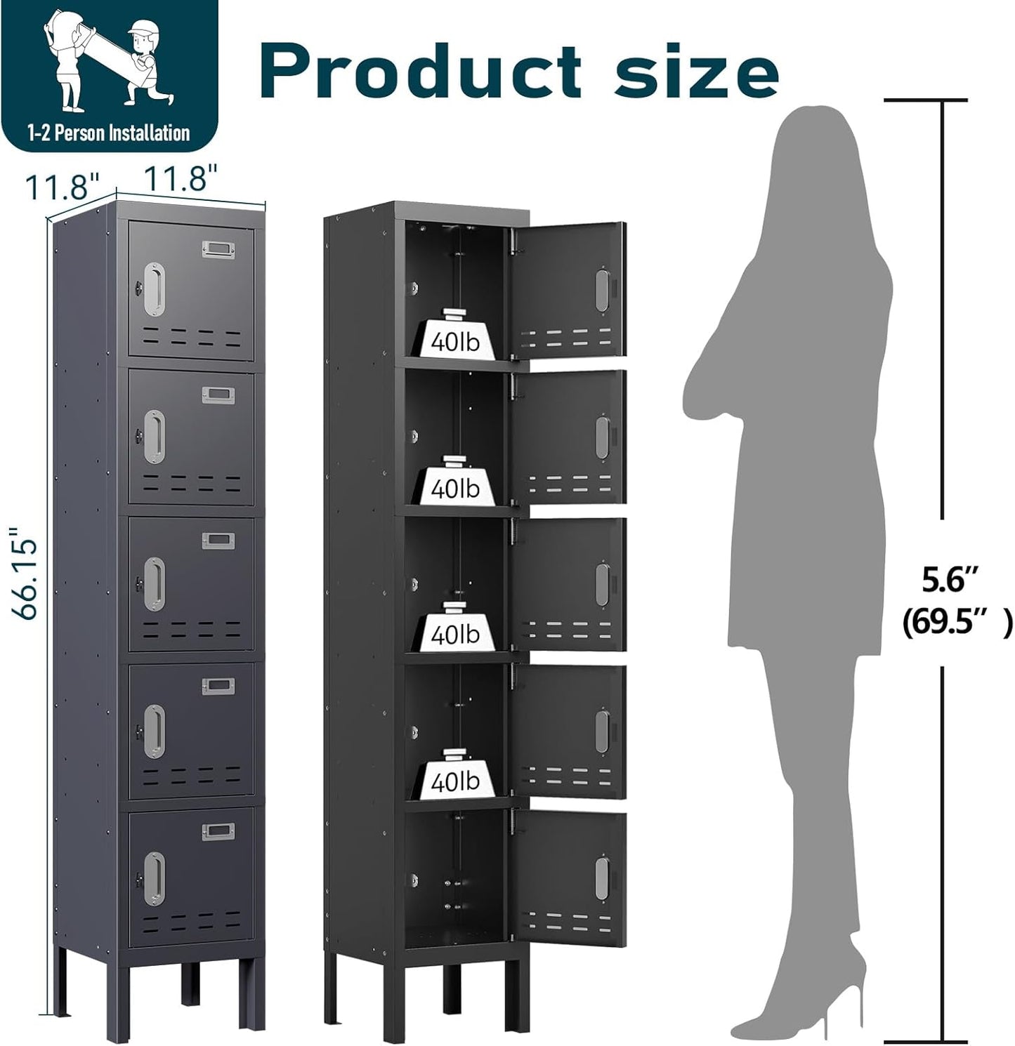 Metal Lockers - 66" Height Steel Lockers for Employees with 5 Door Storage Locker with Card Slot for Employees Gym School Home Office Garage - Assembly Required