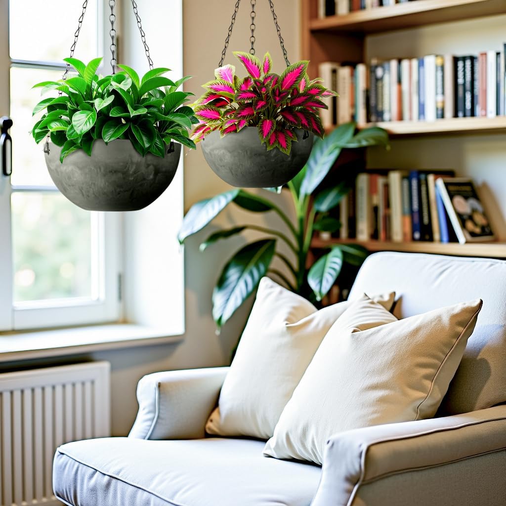 Marble Pattern 10 Inch Hanging Planter for Indoor Outdoor Plants, 2 Pack Hanging Planter Basket for Garden Home Decor Use (Light Brown)