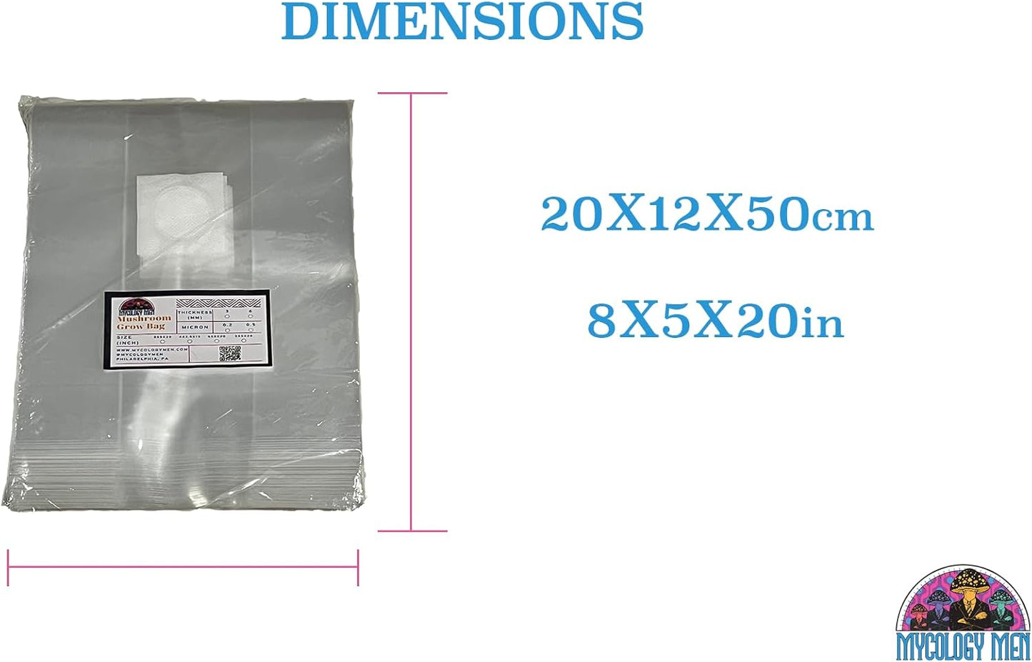Premium 8x5x20 inch Mushroom Grow Bags 0.2 and 0.5 Micron 3mm and 6mm Thick | Mushroom Spawn Bags | Myco Bags (50-Pack, 0.5 Micron 3mm Thick)