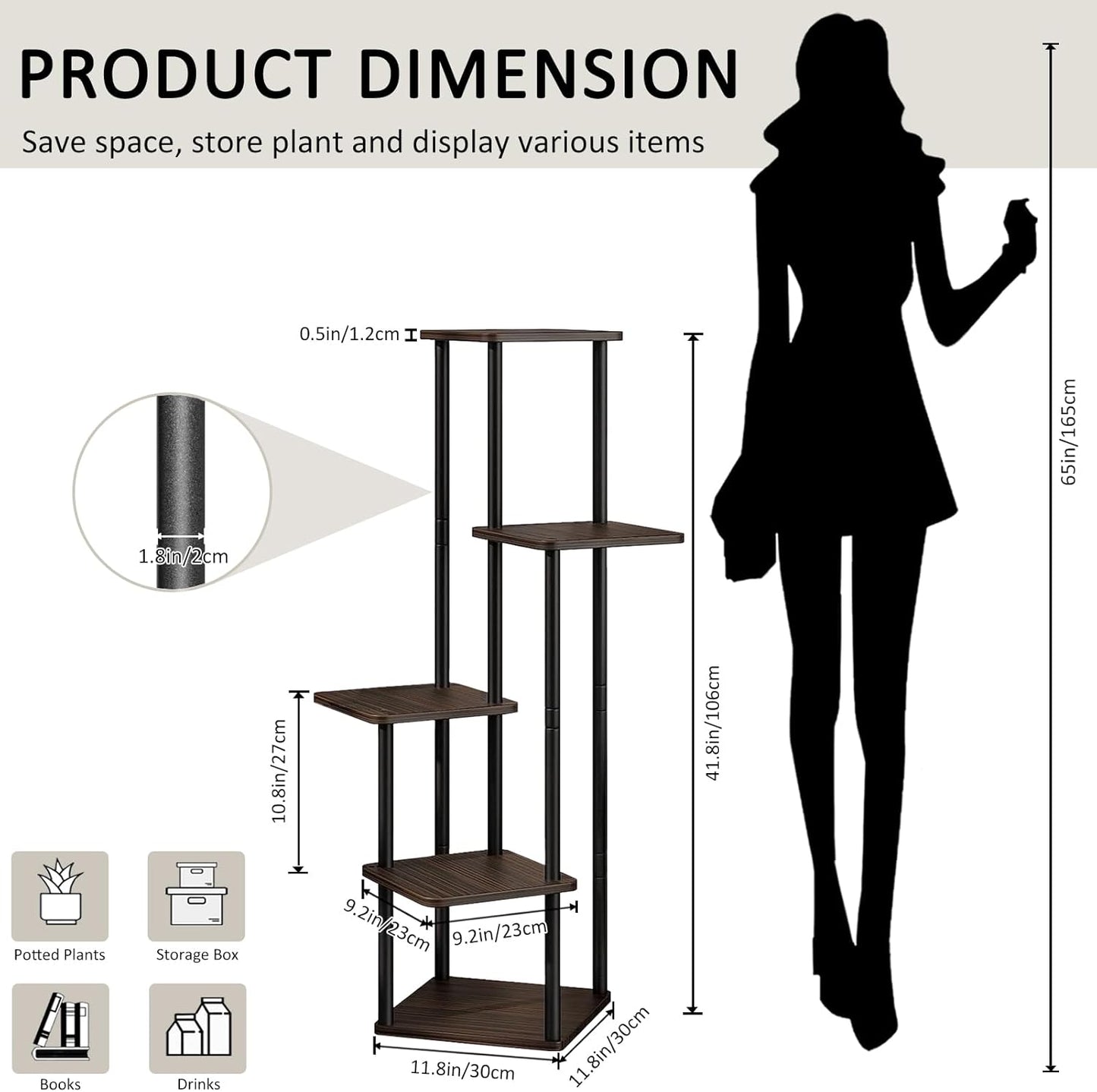 5 Tier Wood Tall Plant Stand Metal Rack Indoor, Multiple Flower Pot Holder Shelves Corner Rack, Planter Shelf Display Rack Storage Organizer for Patio Living Room Balcony Garden(Black Oak)