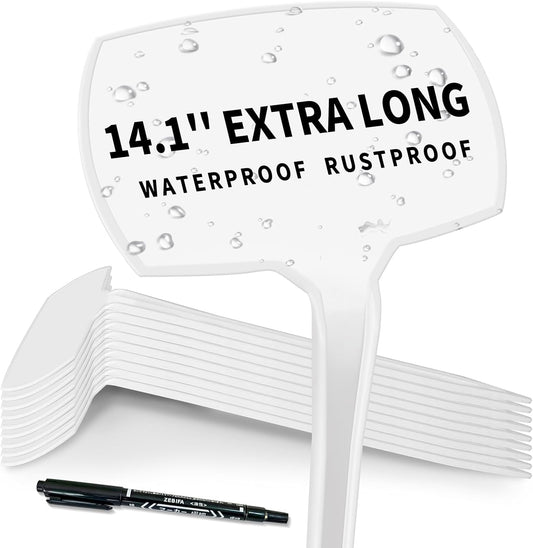 Large Plant Markers, 14.1'' Tall Plant Labels for Outdoor Garden Waterproof Durable T-Type Plastic Garden Labels, Perfect for Herbs, Flowers, Vegetable with a Marker Pen (12PCS)