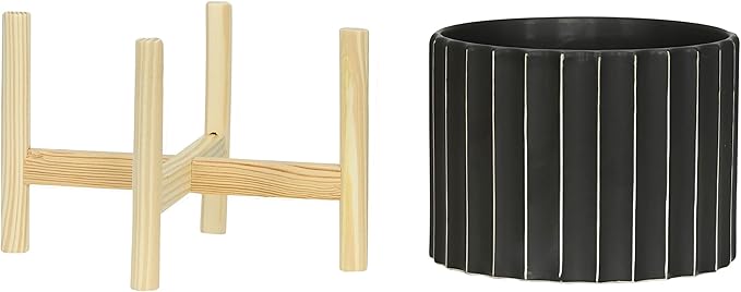 Sagebrook Home 8" Ceramic Planter - Black Planter Elevated on Wooden Stand with Fluted Design - for Indoor or Outdoor Plants, Great Gift Idea for Plant Lovers