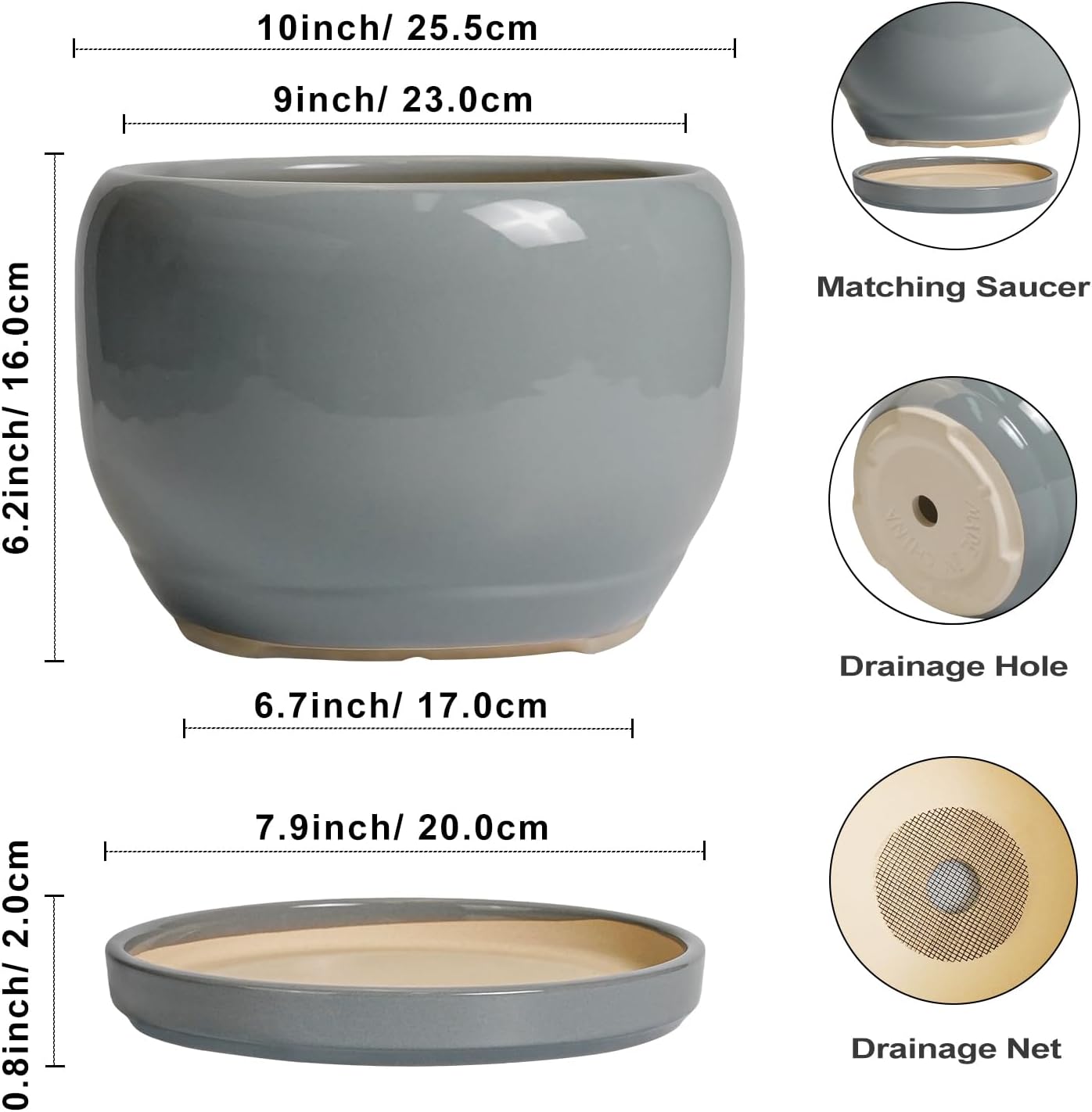 SQOWL 10 Inch Plant Pot - Ceramic Planter for Indoor Plants, Round Ceramic Flower Pot with Drainage Hole and Saucer, Modern Large Outdoor Planter, Room Decor, Housewarming Gifts, Gray