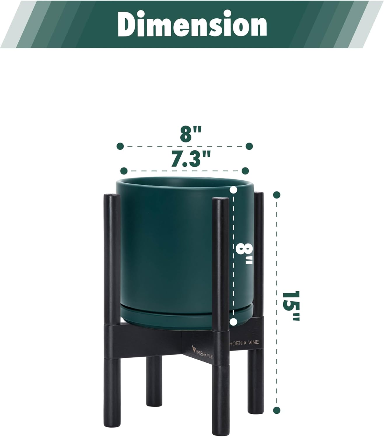D'vine Dev Ceramic Planter with Ebony Stand - 8 Inch Modern Round Flower Pot with Wood Planter Holder, Teal, 55-B-M-4