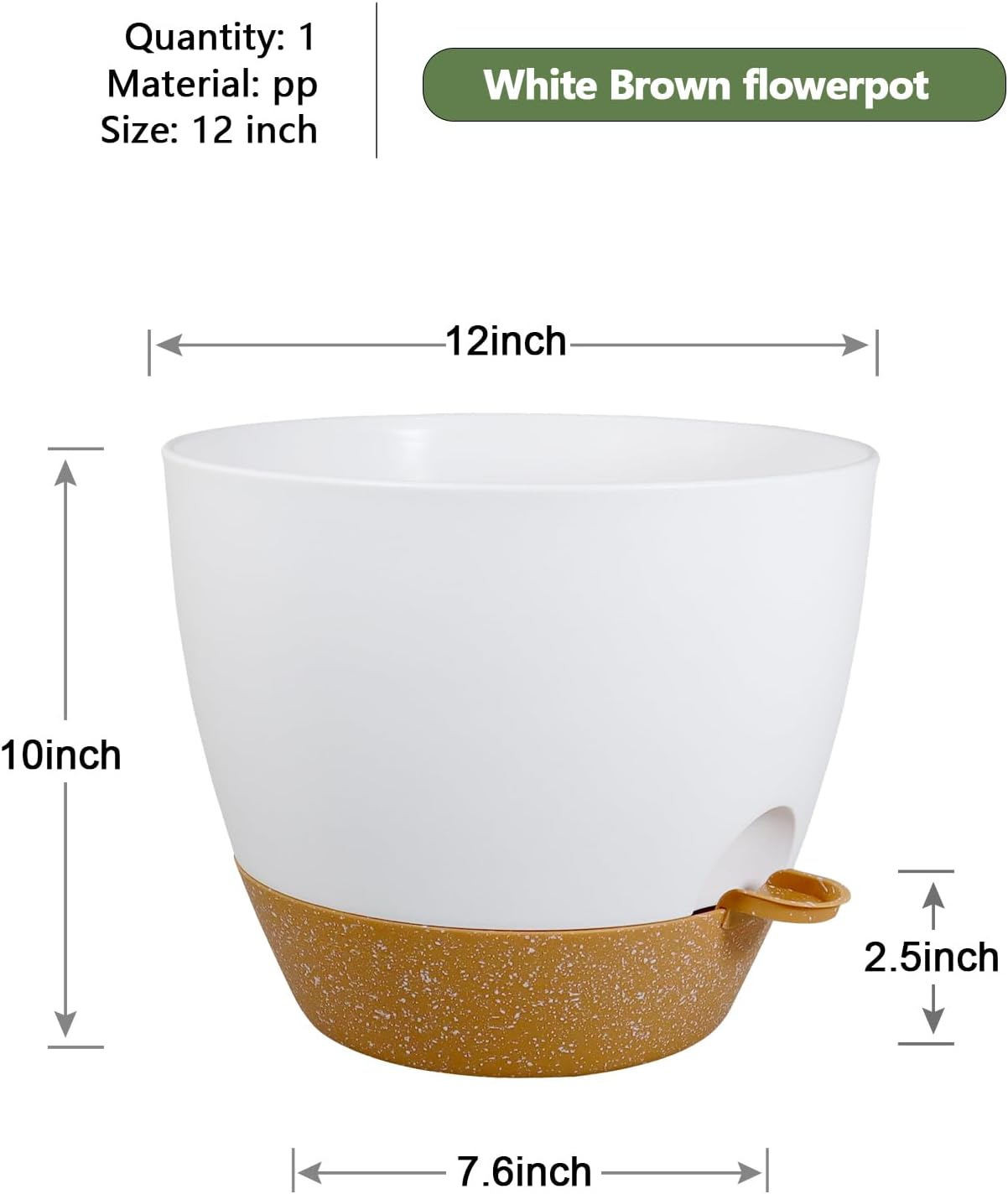 12 inch Large Self Watering Pots, Flower Plant Pots with Drainage Holes for Indoor Outdoor Garden Plants, Plastic Planters with Removable Deep Reservoir, White with Brown