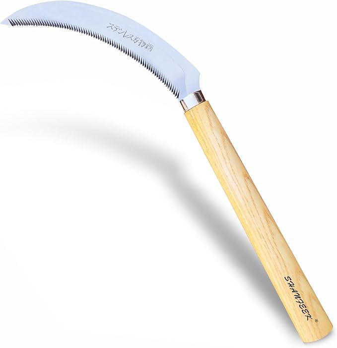 SHANFEEK Grass Sickle with Sawtooth Japanese Weeding Hoe Weeding Tools for Garden High Toughness Stainless Steel with Hard Solid Wood Handle(Yellow)