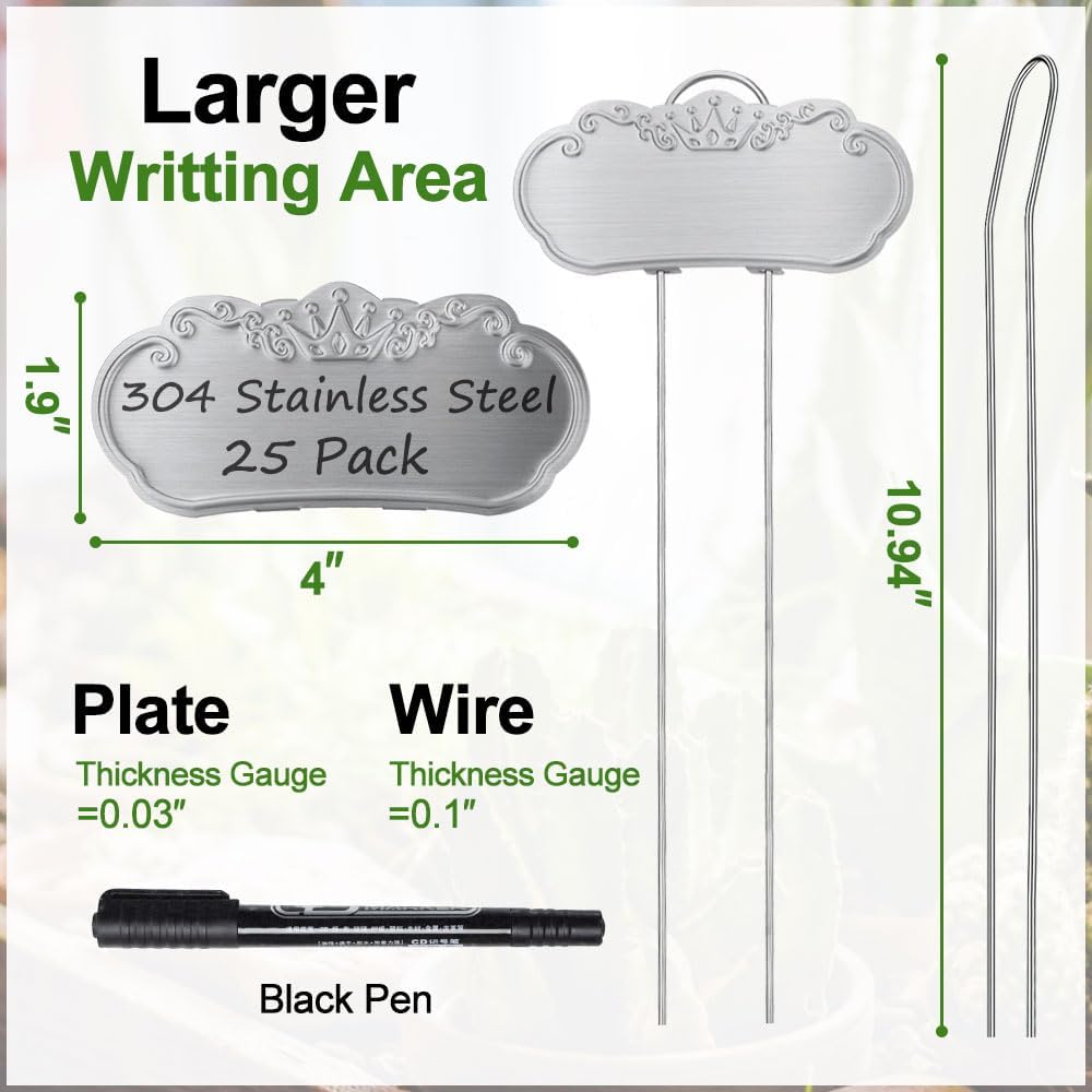 Metal Plant Labels,Tall Outdoor Garden Markers for Flower, Fruit and Vegetable, 304 Stainless Steel Weatherproof Signs (25 Packs, 4" x 1.9", Silver)