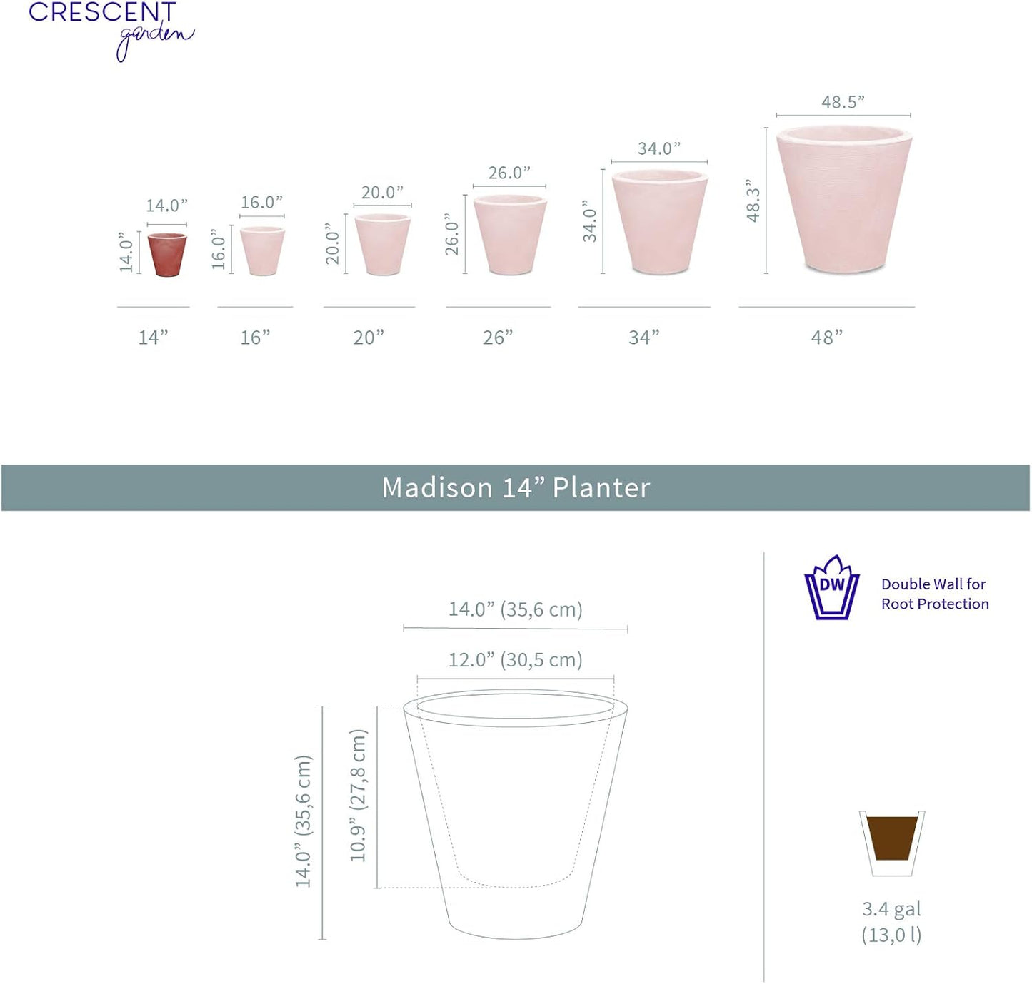 Crescent Garden Madison Planter– Weather-Resistant, Double Walled Indoor/Outdoor Plant Pot with Drain Hole – Durable All-Season Flower Container, 14" W (Mocha)