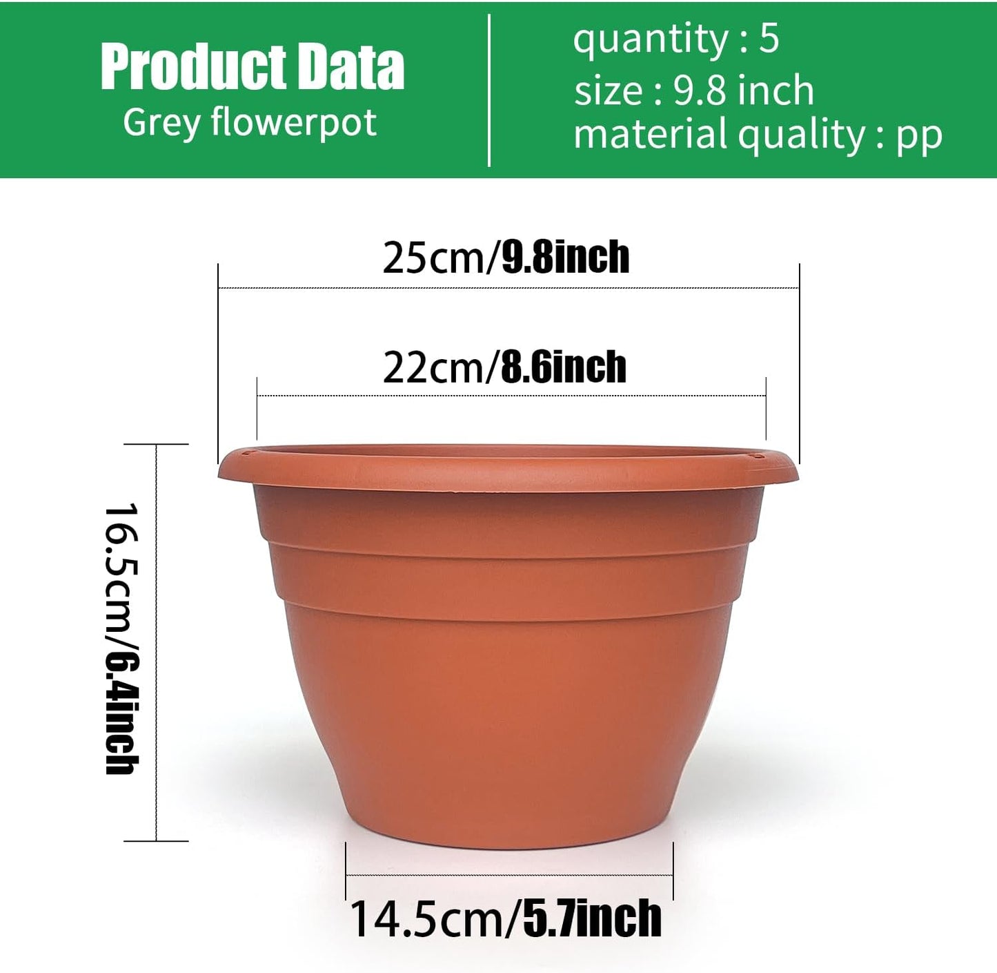 Plant Pots Set of 5, 10" Outside Diameter Flower Pots, 8.5" Inner Diameter Plant Planters with Drainage Hole, Durable Garden Pots Perfect for Indoor & Outdoor Plant Planting, Decor(Pottery Red)