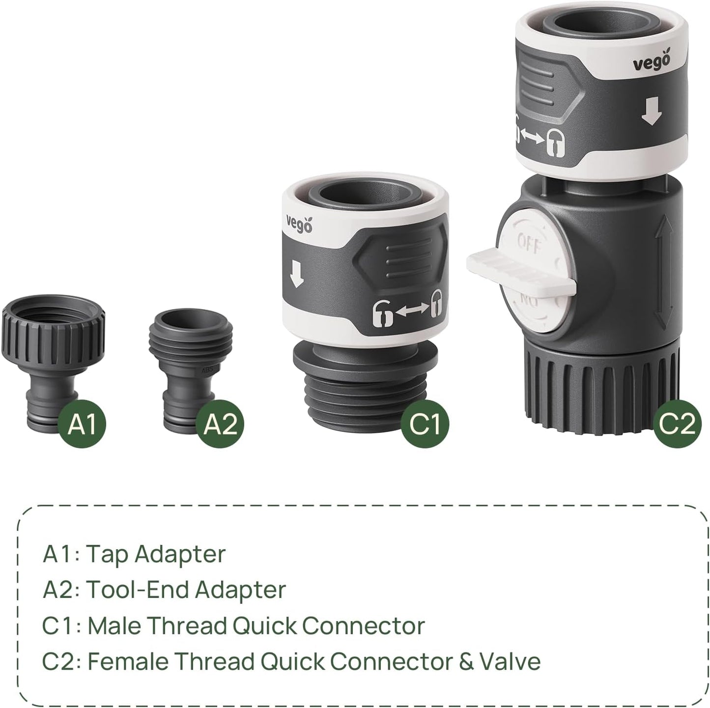 Vego Quick Connector Set with Shut Off Valve and Water Stop & Lock, Quick Connect Hose Fittings Feature Quick Release Kit Hose Fittings and Adapters- V1 Set of 5