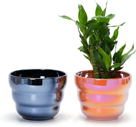 Plant Pots Indoor, 6 Inch Ceramic Rainbow Pearl Glaze Planters with Drainage Hole, Set of 2 Flower Pots for Succulents Cactus Orchid, Black and Orange