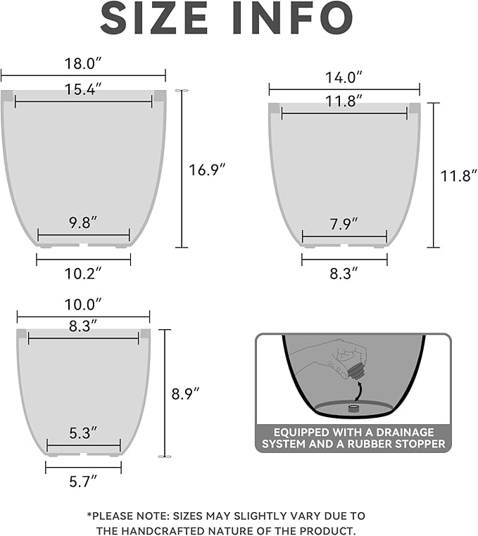 Kante 18",14",10" Dia Concrete Round Planters (Set of 3), Outdoor Indoor Large Planter Pots with Drainage Hole and Rubber Plug for Home Patio Garden, Pure White