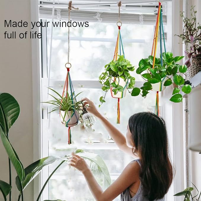 Rainbow Macrame Plant Hangers Indoor Outdoor, 3 Pack Different Size Flower Pot Holder Hanging Plant Holder for Windows Garden Boho Home Decor