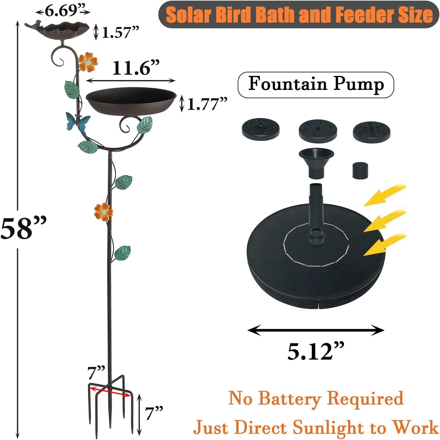 Free Standing Solar Bird Bath, 58" Tall Decorative Birdbath and Feeder Combo, Stake Bird Baths for Outdoors with Solar Fountain, 5 Spikes Floral Accent Birdbaths for Garden Patio Yard Lawn