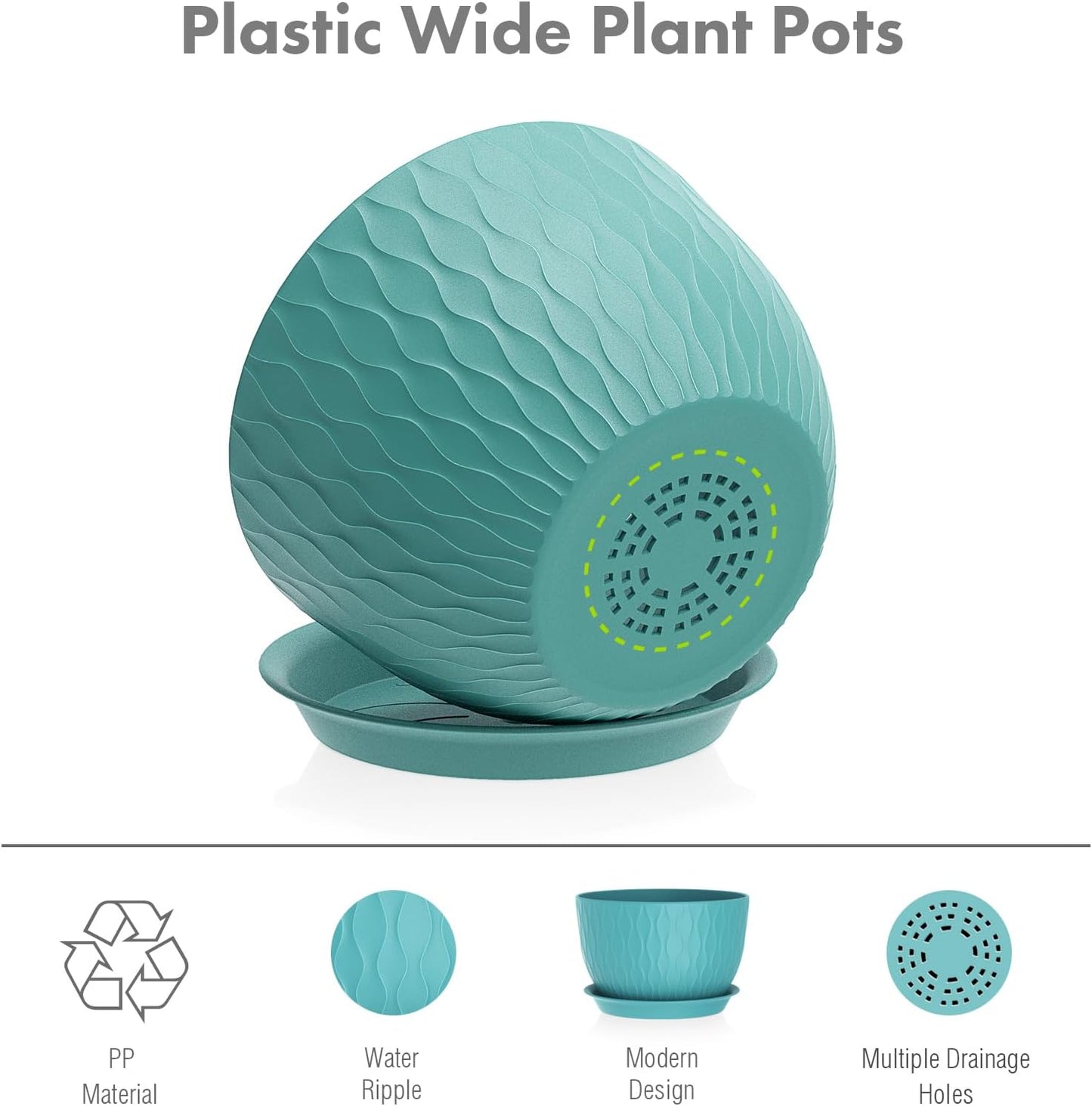 Large Plant Pots 12/10/9 inch, 3 Pack Big Flower Pots for Outdoor Indoor Plants with Water Ripples, Wide Plastic Planters with Drainage Holes and Saucers for Garden Home Decor, Blue Green