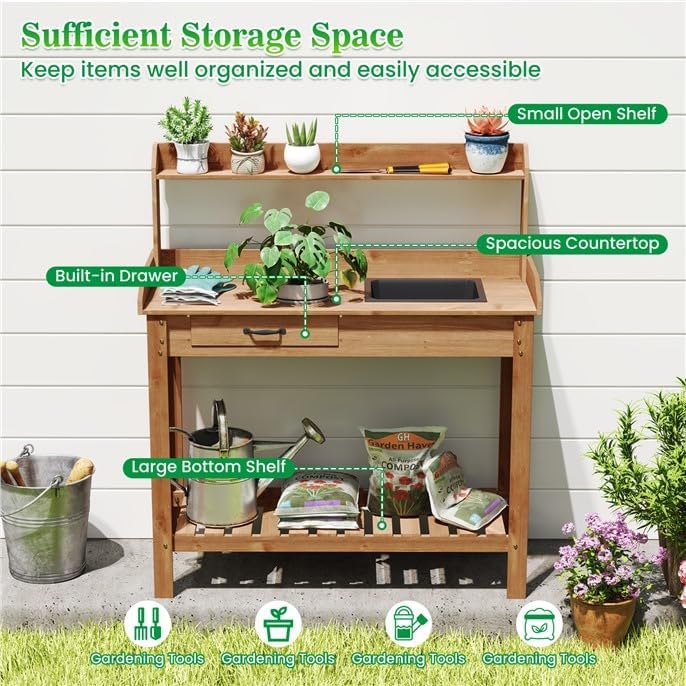 ARNOT Potting Bench,Outdoor Potting Bench Table with Sink and Storage Shelves, Wooden Garden Workstation for Gardening Tools, Planting, and Repotting – Natural Fir Wood (38" x 17" x 50")