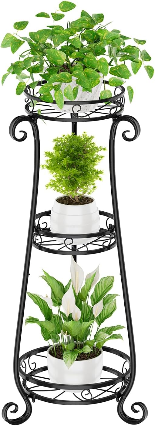 KMOTASUO 3 Tier Metal Plant Stand Indoor, 34 Inch Tall Corner Plant Stands for Indoor Plants, Flower Pot Holder Shelf Display Rack for Balcony Garden Patio Living Room(Black)