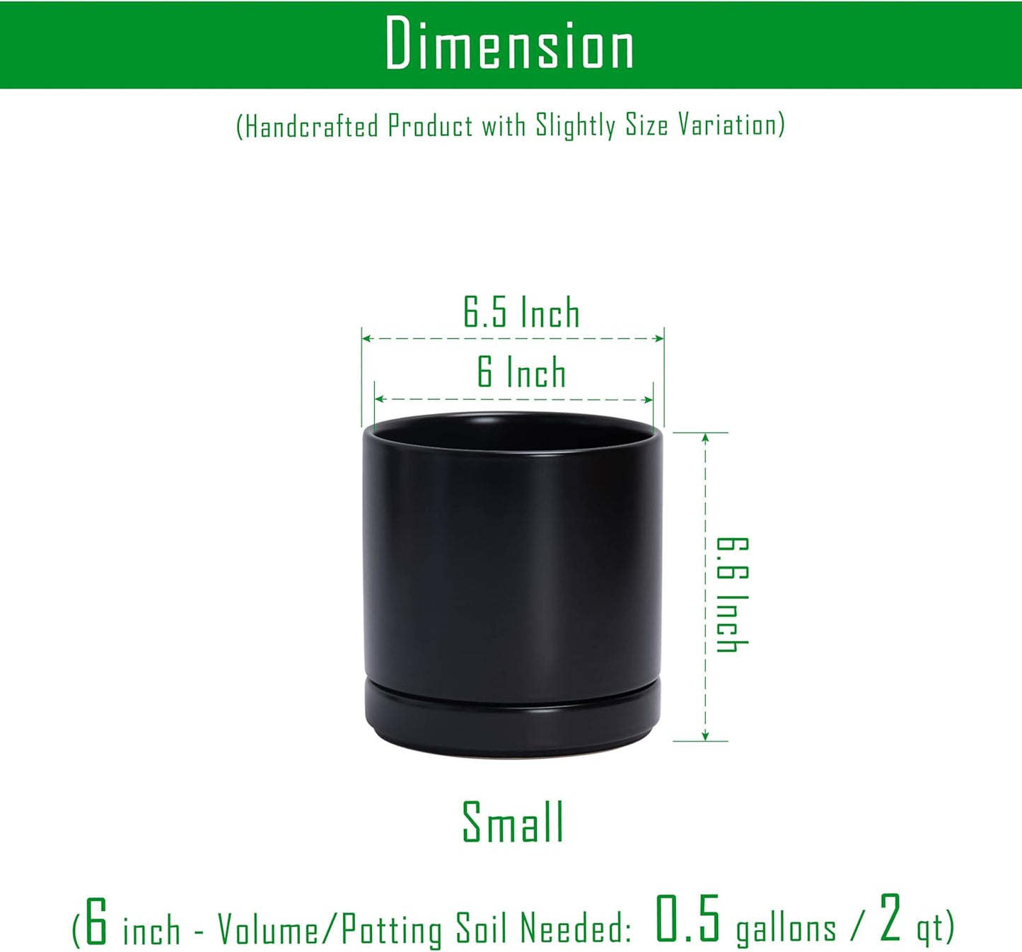 D'vine Dev Set of 2 Plants Pots, 6.5 Inch Ceramic Planter Pot for Plants with Drainage Hole and Saucer, Black, 94-V-C-2