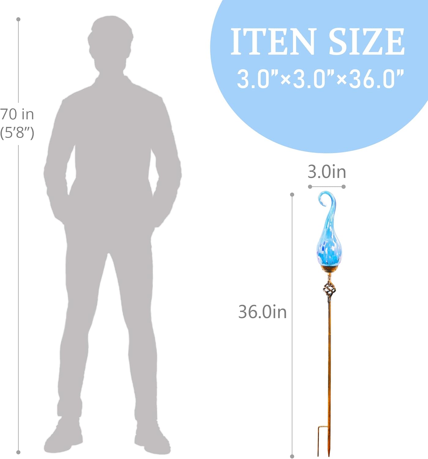 Garden Solar Lights Outdoor, Decorative LED Pearlized Glass Spiral Garden Stake with Finial, Hand Blown Glass and Metal Outdoor Decoration, 3 x 36 Inch (Light Blue)