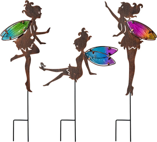 Metal Fairy Garden Stakes Decor,Charming Fairy with Colorful Wing Metal Stakes,Yard Art,Garden Outdoor Lawn Pathway Patio Ornaments,Outdoor Decor,Garden Decor
