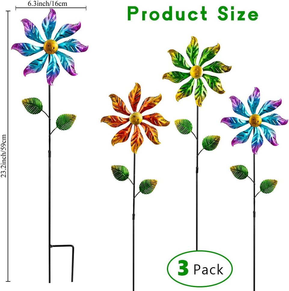 DREAMYSOUL 3 Packs Metal Flowers Wind Spinners Outdoor, Pinwheel Decorative Garden Stakes, Metal Wind Spinner for Yard and Garden Decor