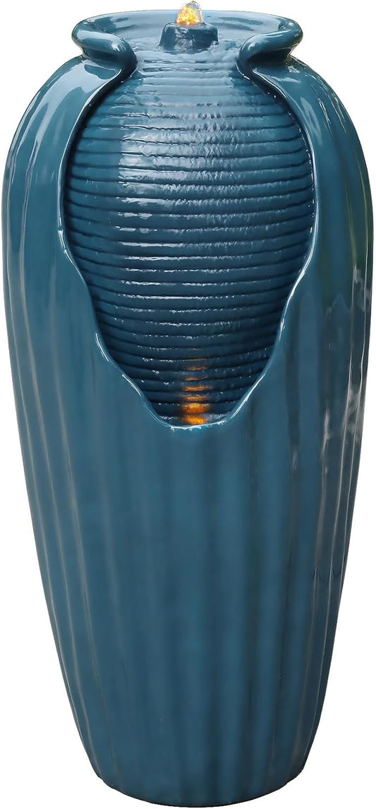 Teamson Home 32 in. Outdoor Contemporary Glazed Contoured Vase Water Fountain with LED Lights to Create a Calming Oasis in Gardens and Landscaping, on Patios, Balconies, Lawns, Teal Blue