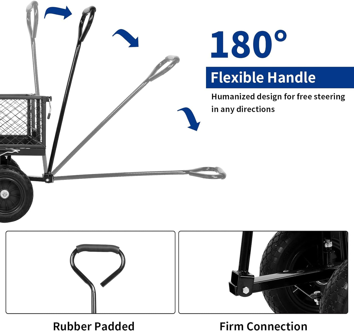 BILT HARD 400 lbs 10" Flat Free Tires Steel Garden Cart with 180° Rotating Handle and Removable Sides, 4 Cu.Ft Capacity Utility Heavy Duty Garden Carts and Wagons