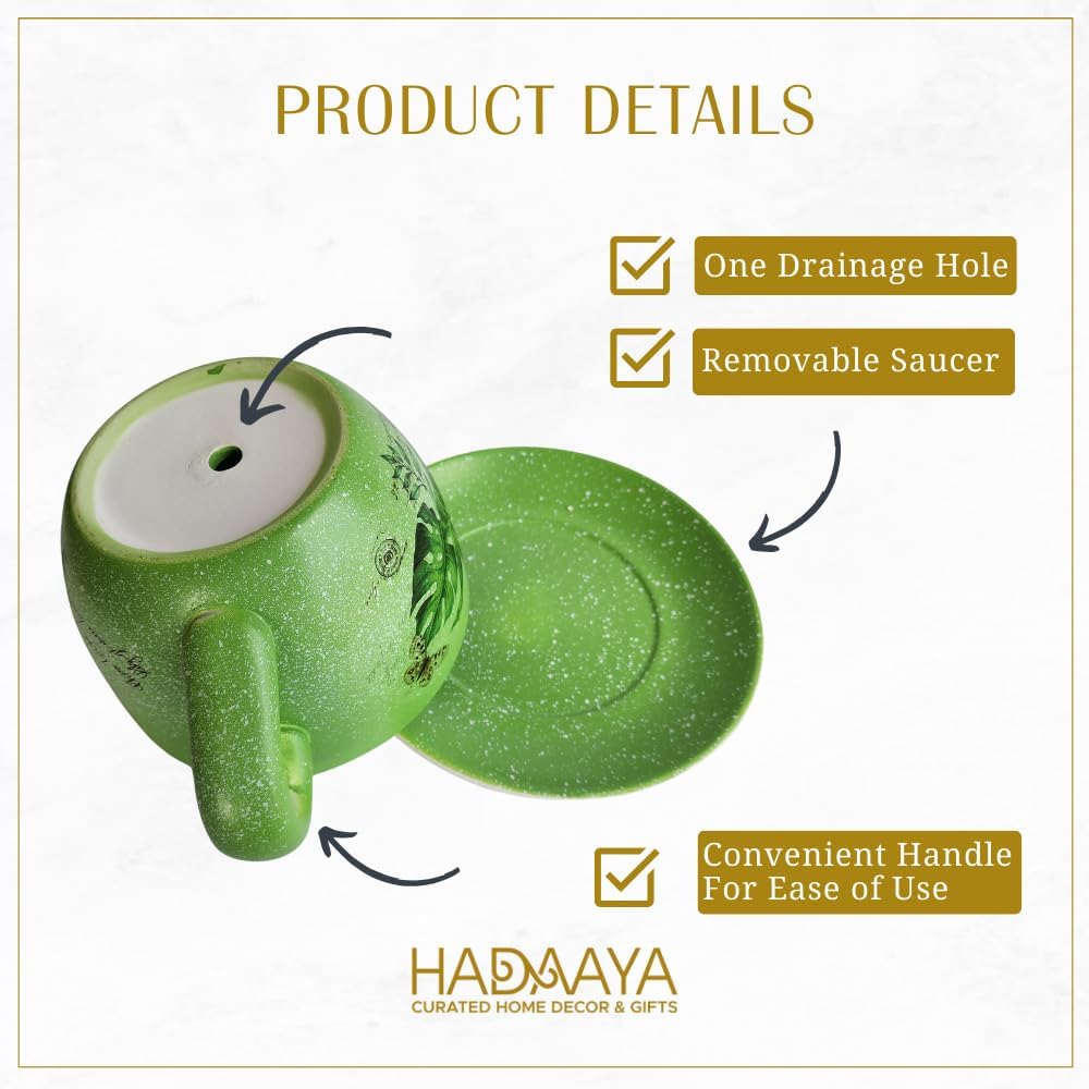 7.5" Ceramic Teacup Planter Pot with Saucer | Ideal for Succulents, Orchids, Herbs & Flowers | Indoor & Outdoor Use | Thoughtful Gift for Birthday or Wedding & More - Green - Palm Leaves