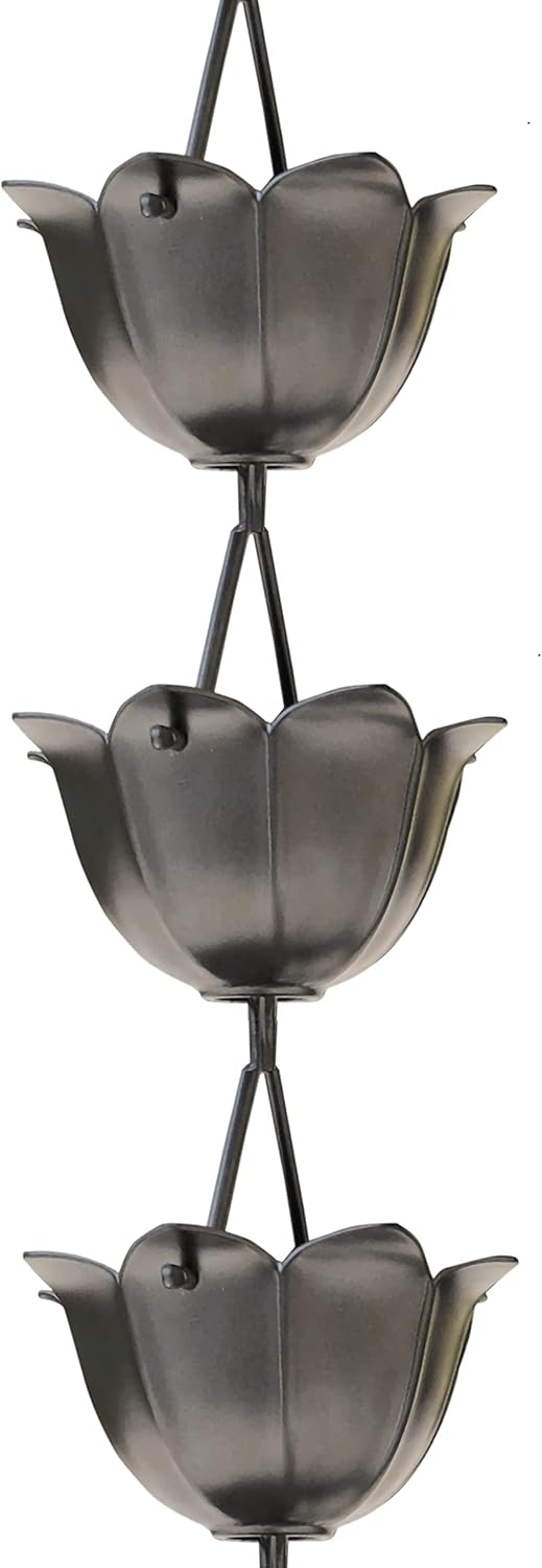 Monarch Rain Chains Aluminum Large Lotus Rain Chain, 8.5 ft Pewter Powder Coated Aluminum Decorative Rain Catcher Chain for Gutters, Pewter Aluminum Rain Gutter Replacement Downspout