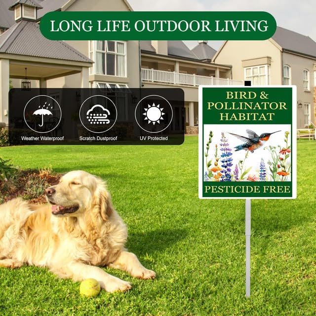 Bird and Pollinator Habitat Pesticide Free Yard Sign With Stakes 7x9.8inches Rustproof Reflective Aluminum Pollinator Friendly Garden Sign Stand Hummingbird Outdoor Decor