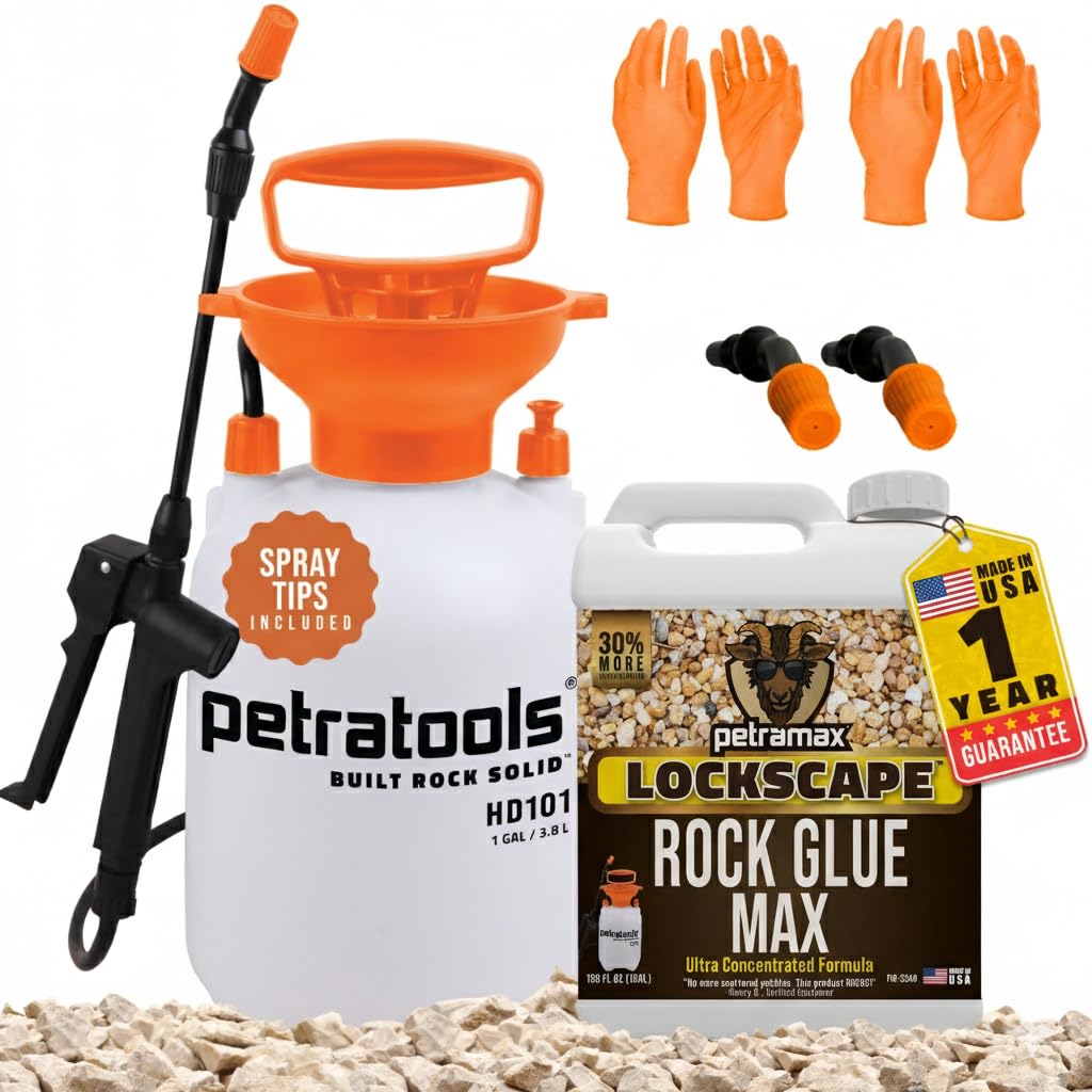 Lockscape Sticky Rock or Sticky Mulch Glue for Landscaping with Sprayer 1 Gallon, Max Rock Glue for Landscape & PetraTools HD101 Bundle, Lockdown Gravel or Mulch for Landscaping Hold (Stone Max)
