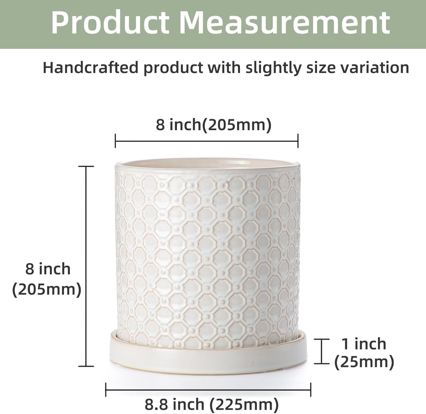 8 Inch Plant Pot: Ceramic Planter with Drainage Hole & Saucer Indoor Outdoor Plants - Cylinder Round Flower Pot for Home Office - Modern Decorative - Medium White