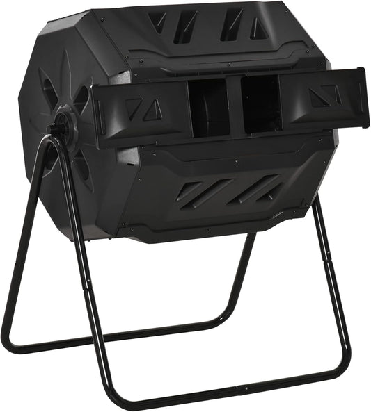 Compost Bin Outdoor, 43 Gallon Dual Chamber Tumbling Composting with Sliding Doors, Large Compost Tumbler, Compost Bin for Garden, Kitchen, and Yard Waste, Black