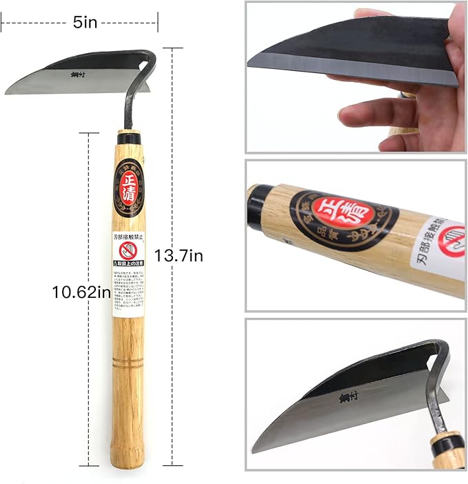 Kana Hoe 217 Japanese Garden Tool - Hand Hoe/Sickle is Perfect for Weeding and Cultivating. The Blade Edge is Very Sharp. (Beige-023)