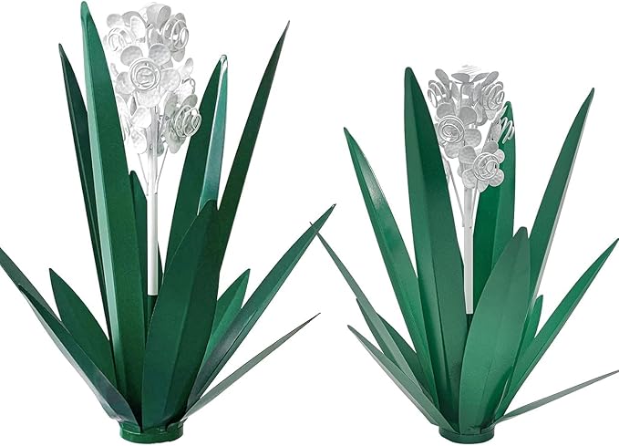 Metal Agave Plant Garden Art, 2 Pack Tequila Rustic Sculpture, Rustic Metal Agave Plants Garden Lawn Home Ornaments, for Yard Stakes, Garden Figurines, Outdoor Patio (2 PCS White Flowers)