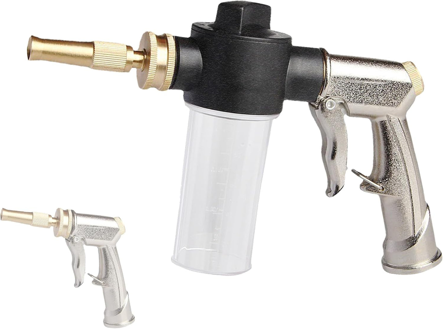 Garden Hose Nozzle Sprayer with 3.5oz Plastic Soap Dispenser Bottle, Heavy Duty High Pressure Car Wash Foam Gun, Adjustable Nozzle for Gardening, Solar Panel Cleaning, Pet Showering (Silver)