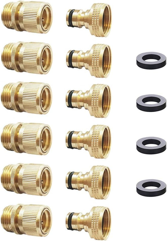 Garden Hose Quick Connector Water Hose Qucik Connect Garden Hose Connectors Brass Hose connectors Water Quick Connect Fittings 3/4" Inch GHT Solid Brass 6 Sets(6pcs Male Coupling 6pcs Female Nipple)